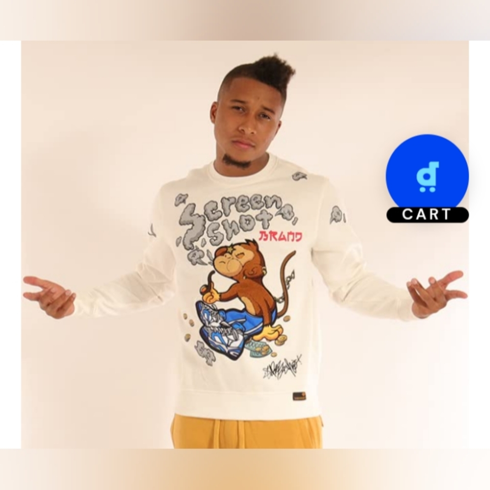 Casual Blue and White Crewneck Sweater with Graphic Art